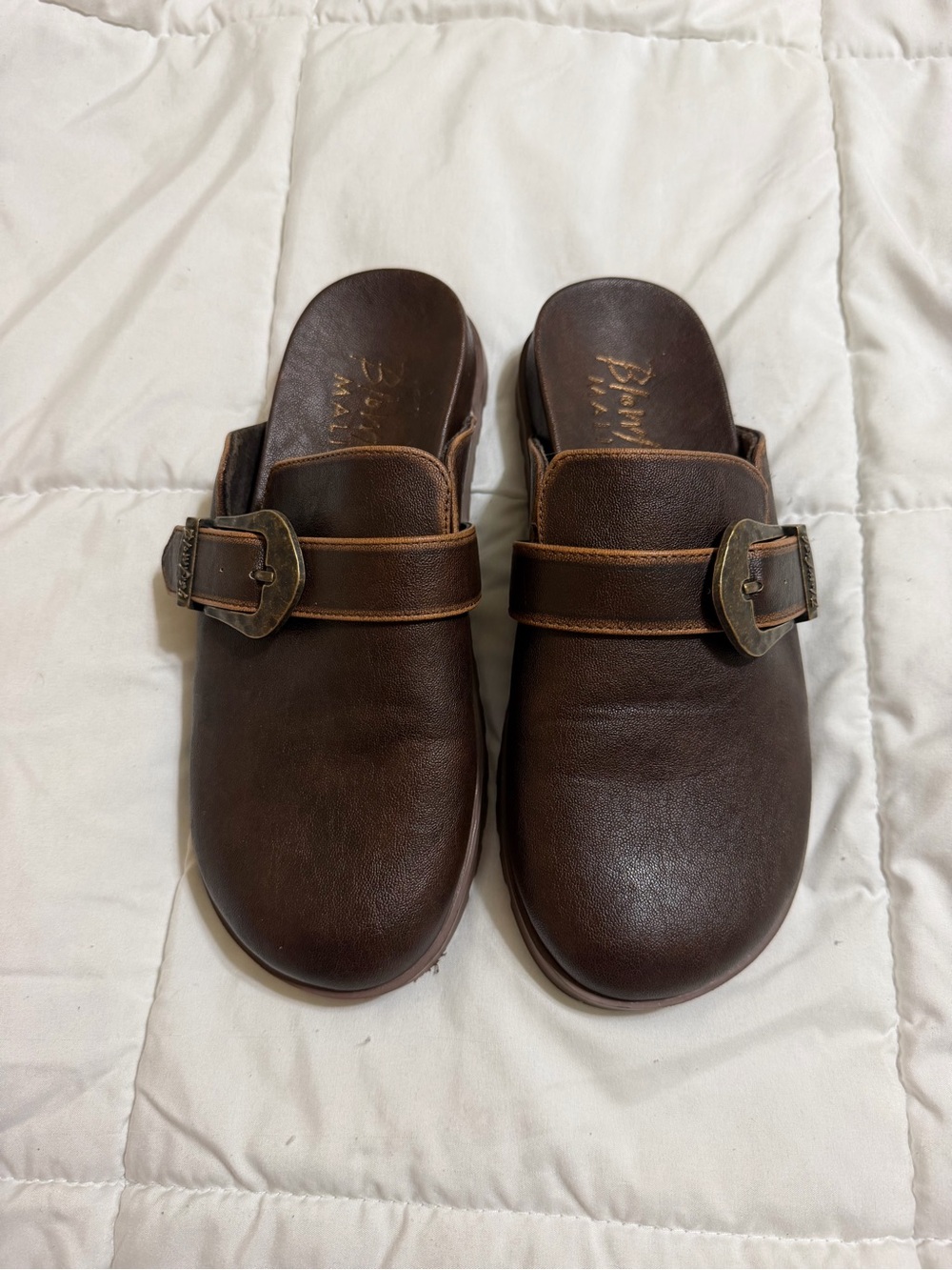 Brunette Brown Slip-On Leather Clogs with Antique Buckle